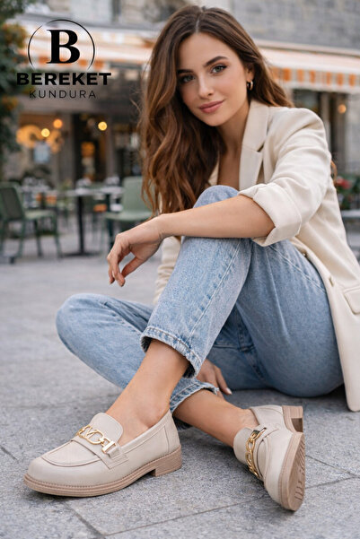 Endless 1118 Model Rahat Tokalı Kolej Tipi Makosen Bej Cilt Loafer Ayakkabı