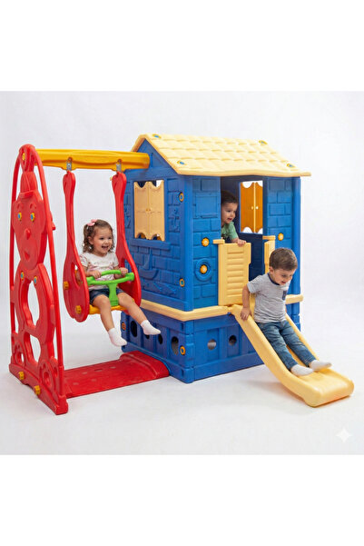 MUPARK İki Kapılı Oyun Evi Kaydıraklı Salıncaklı 2+ Yaş Güvenli Çocuk Bahçe K...