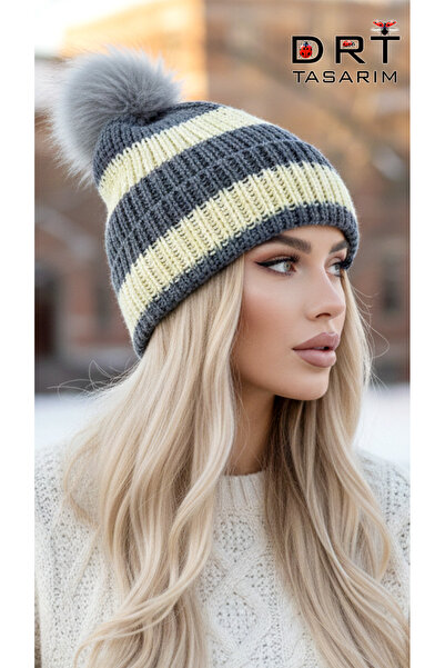 drt tasarım Double Layer Gray Yellow Pompom Beret