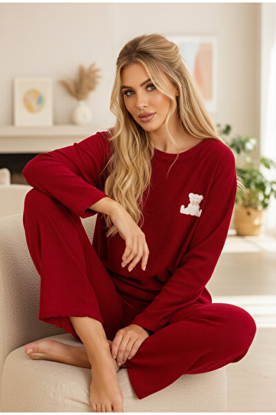 Siyah İnci bordo Nakışlı Havlu Kumaş Örme Pijama Takım25226007