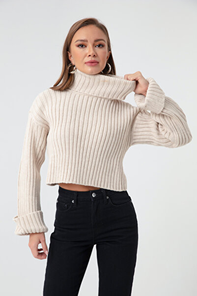 Lafaba Dámsky kamienkový široký rebrovaný úpletový sveter s rolákom