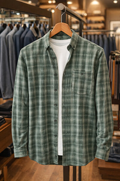 Varetta Erkek Yeşil Kışlık Gömlek Kareli Cepli Yaka Düğmeli