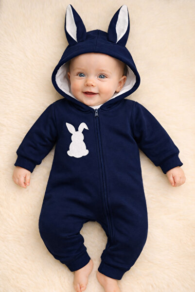 Mai Perla Rabbit Embroidered Pompom Zippered Baby Jumpsuit - Eared