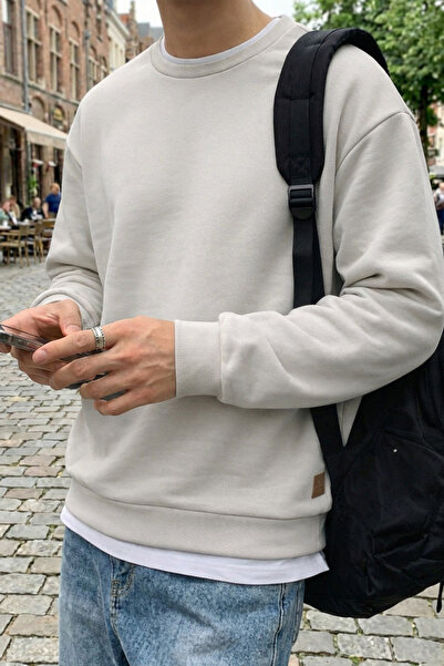 COOLHILL Krem Bisiklet Yaka Basic Armalı Şardonlu Kışlık Erkek Sweatshirt