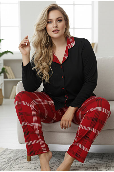 Siyah İnci siyah Desenli Büyük Beden Battal Boy Gömlek Yaka Düğmeli Milan Örm...