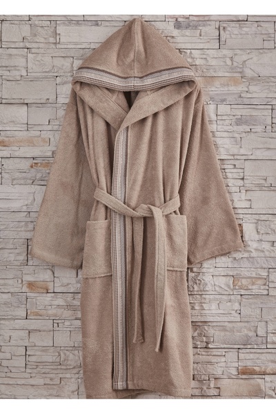 Dantela Erkek Kapşonlu Jakarlı Pamuk Tek Bornoz - Bej