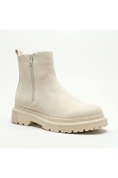 BESKAR حذاء رجالي نصف الكاحل من جلد الغزال البيج بسحاب مزدوج - حذاء يومي عملي...