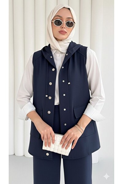moda paketi Buttoned Scuba Vest with Hood Detail Oversized Models - Navy Blue