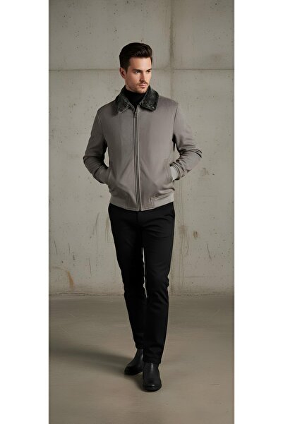 MODA معطف رجالي سميك من جلد النوبوك مع ياقة من الفرو