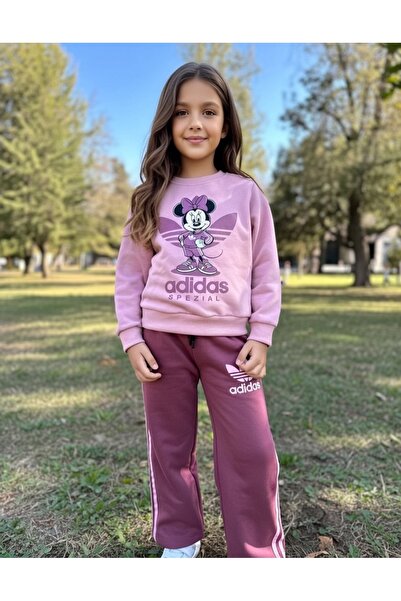 LUCCO Kız Çocuk Pamuklu Kumaş Eşofman Takım 3 İplik Fırçalı Kumaş