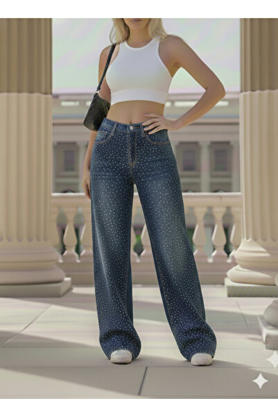 blue da Kadın Taşlı Pantolon Lıkralı Yüksek Bel