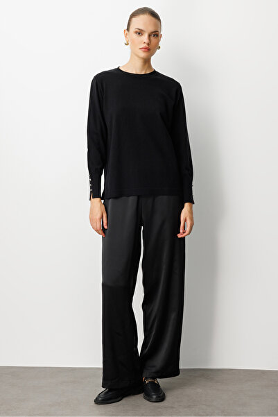 Mizalle Beli Lastikli Geniş Paça Siyah Saten Pantolon