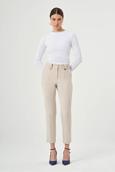 Mizalle Süs Düğmeli Bej Pantolon