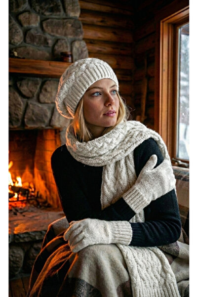 emybox Kadın Örgü Desenli Ressam Bere Atkı Eldiven 3'lü Set Kışlık Takım Taş