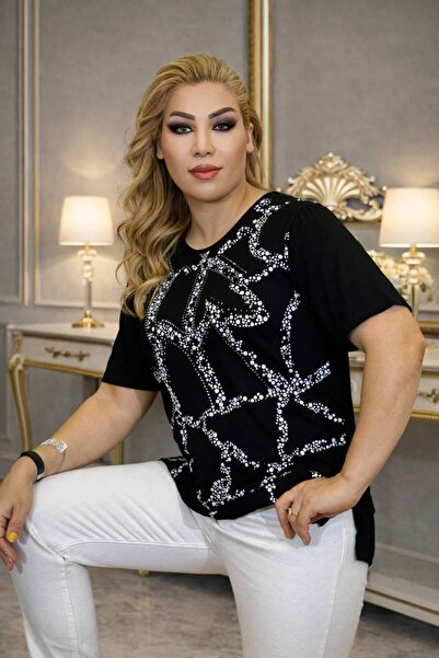 Yeşilmoda Abiye bluz,Yazlık,Kadın,Tişört, Taşli işlemeli,pamuk iplik,Siyah,De...