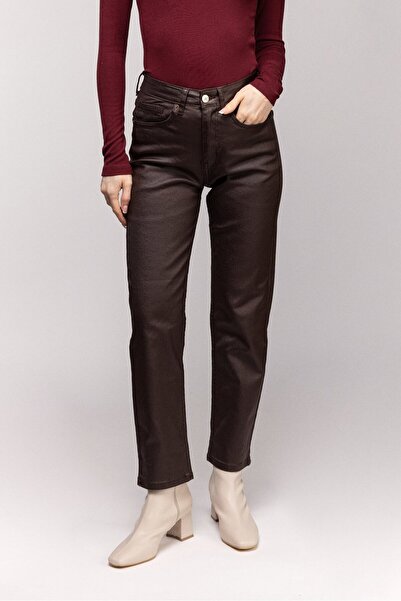 Saade Kadın Mumlu (Waxed) Yüksek Bel Düz Kesim Likralı Jean Pantolon - Paça D...