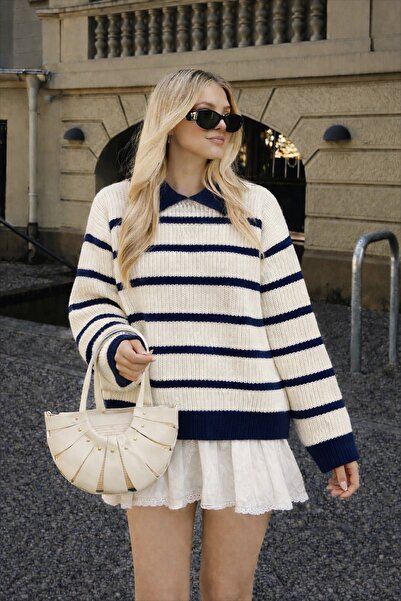 moda mh سترة نسائية منسوجة بياقة بولو مخططة بتصميم كبير الحجم