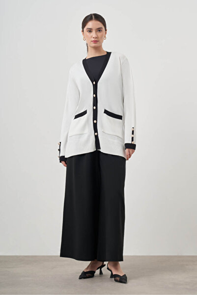 Mizalle Şeritli Rayon Ekru Hırka