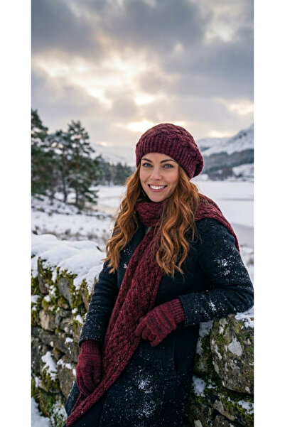 emybox Kadın Örgü Desenli Ressam Bere Atkı Eldiven 3'lü Set Kışlık Takım Bordo