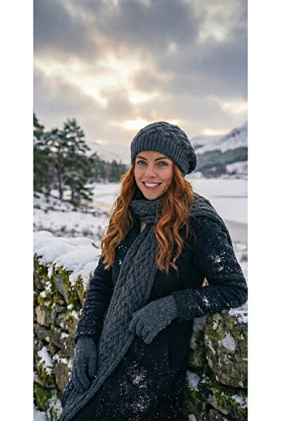 emybox Ressam Model Örgülü Triko Kışlık Kadın Renkli Bere Atkı Eldiven Örgülü...