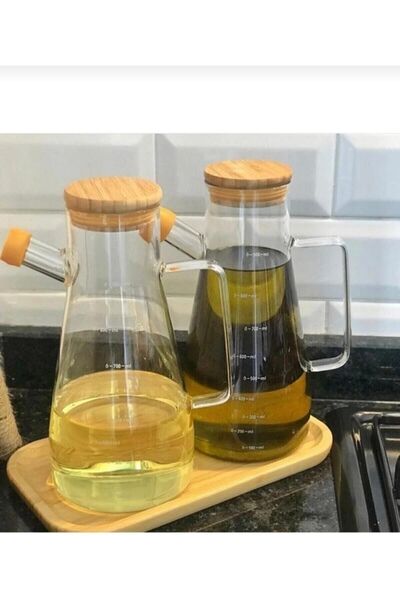 Kitchen Pembelia Bambu Standlı Bambu Kapaklı Vakumlu 2'li 900 ml Yağlık 3'lu ...