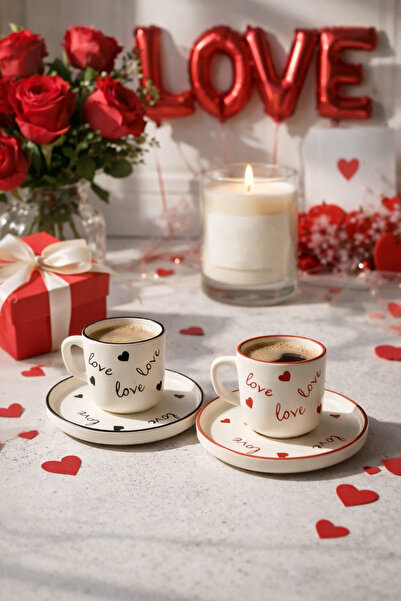 Anadolu Saray Love Heart Patterned 2-Piece Turkish Coffee Cup Set Ceramic Esp...
