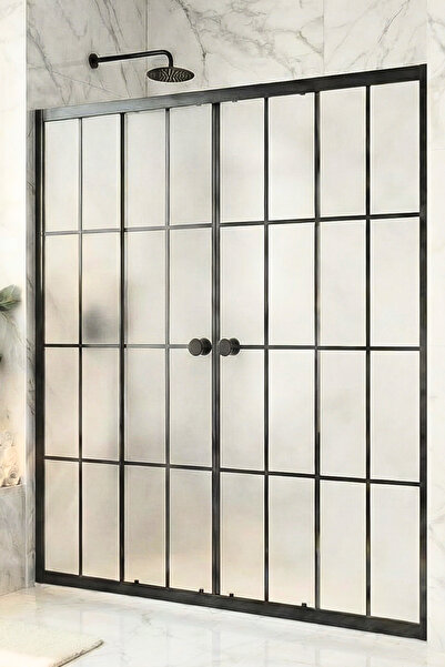 Durul Ön Cephe Siyah Çizgi Karolaj Desenli Komple Buzlu Temperli Duşakabin