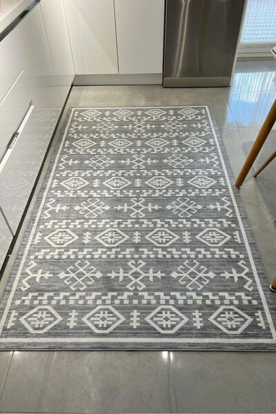 VOPTEKS Gri Halı Mutfak Halısı Leke Tutmaz Makinede Yıkanabilir Kaymaz Taban ...
