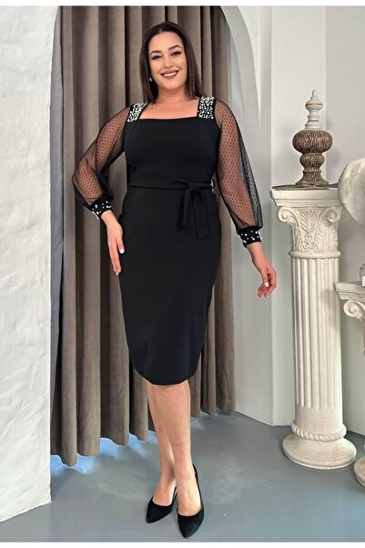 Şirin Butik Kadın Siyah Büyük Beden Inci Detaylı Abiye Elbise