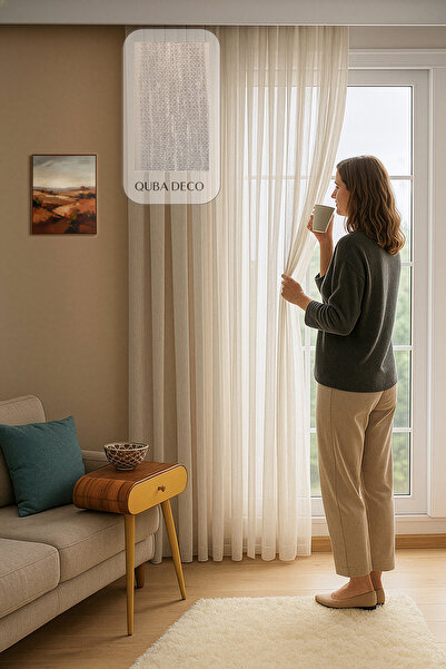 QUBA DECO Keten İçeren Tül Perde Doğal Natural Ütü istemez Salon Oturma Odası...