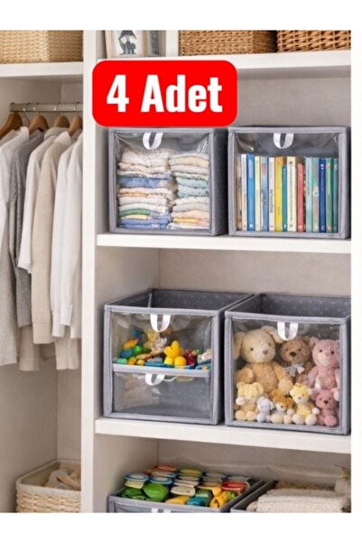 DEMİROĞLU EV TEKSTİL 4 Pieces, Polka Dot Cabinet Box Shelf Organizer with Tra...