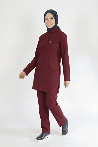 Pratik Medikal طقم حجاب أحمر كلاريت - قميص ممرضة ليكرا