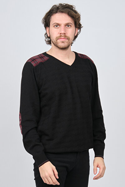 Desen Triko Men's V-Neck Pure Wool Sweater 0246538 Black