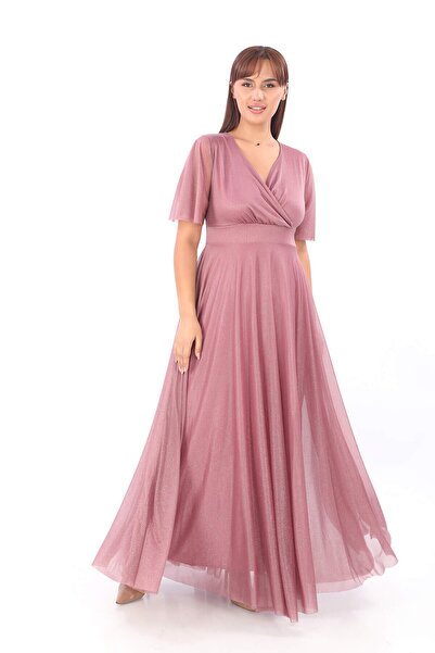 ANGELINO Kadın Kendinden Simli Esnek Tül Pudra Abiye Elbise KL3051