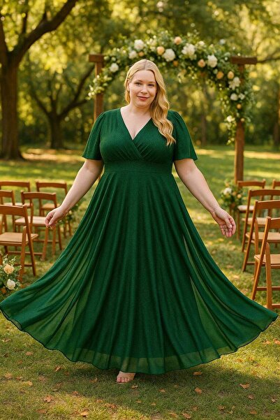 ANGELINO Kadın Kendinden Simli Esnek Tül Zümrüt Yeşil Abiye Elbise KL3051