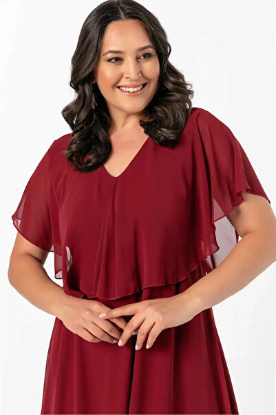 ANGELINO Kadın Büyük Beden Şifon V Yaka Pelerinli Büyük Beden Şık Abiye KL306...