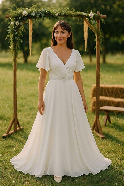 ANGELINO Büyük Beden Kadın Pelerin Kol İşleme Detaylı Dökümlü Beyaz Şifon Nik...