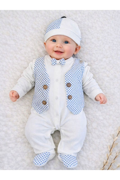 Tomuycuk Erkek Bebek Tulum Mavi Smokin Şapkalı Hediyelik Bebek Giyim Bebek Kı...