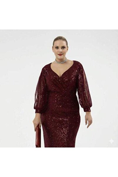 ANGELINO Büyük Beden Kolları Saçaklı Uzun Pul Payet Abiye Elbise Bordo KL8035