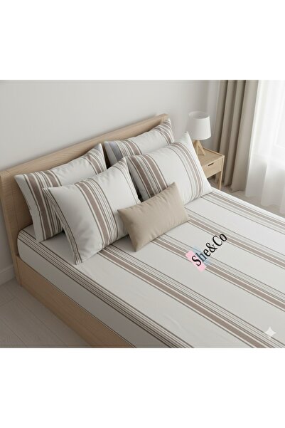 She&Co طقم ملاءات سرير مزدوجة مطاطية - مخططة باللون البني