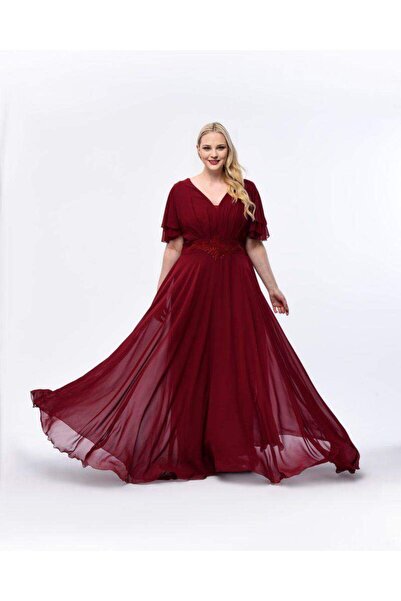 ANGELINO Büyük Beden Kadın Pelerin Kol İşleme Detaylı Dökümlü Bordo Şifon  El...