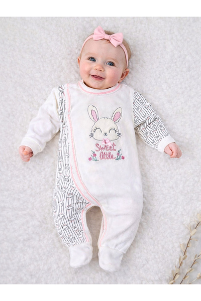 Tomuycuk %100 Pamuklu Yenidoğan Kız Bebek Tulum – Tavşan Nakışlı Uzun Kollu B...