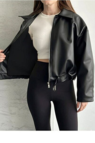 VESS MODA Jachetă din piele cu curea și detaliu de pluș în interior, blană ne...