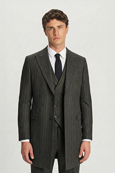 Sabri Özel Giotelli Haki Regular Fit Çizgili Desenli Yelekli Kabanlı 4'lü Tak...
