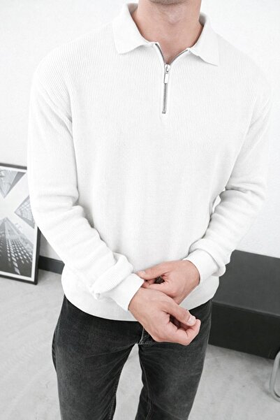 İLKCET MODA Zipper Collar Ecru Premium Basic Steel Knitwear Sweater