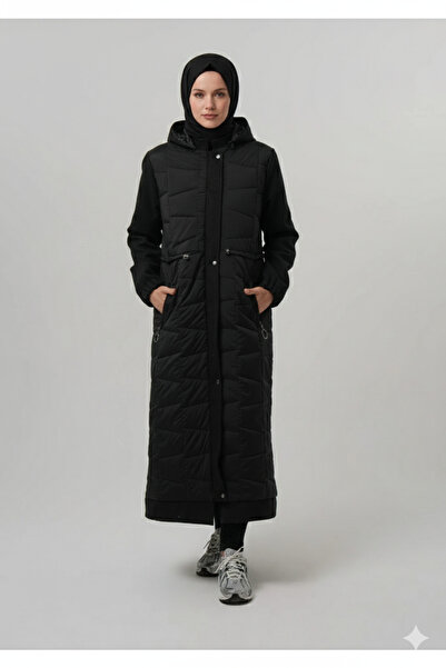 PIQUE Скромно черно палто за жени с подвижна качулка и изкуствена кожа