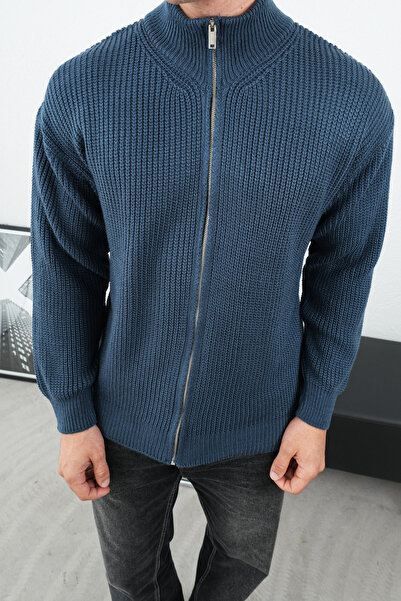 İLKCET MODA Indigo Premium Солун Плетен овърсайз унисекс кардиган с цип