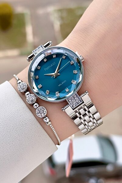 Ferrucci Dial Blue Band Silver Color 32 mm Women's Wristwatch and Bracelet