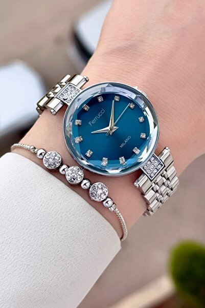 Ferrucci ساعة يد نسائية بقطر 32 ملم مع سوار أزرق وحزام رمادي اللون قابل للتعديل