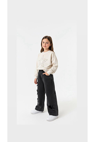 nazarbebe Girl's Ecru Sweatshirt and Wide-Leg Jeans Set – Casual Comfortable ...
